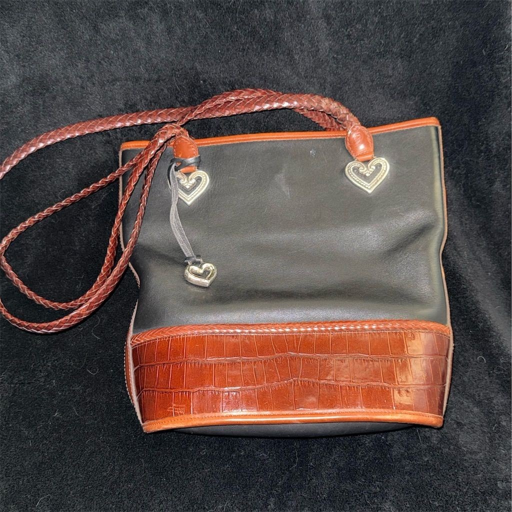 Vintage Brighton Black & Brown Leather Tote Bag w/ Heart Accents shoulder purse