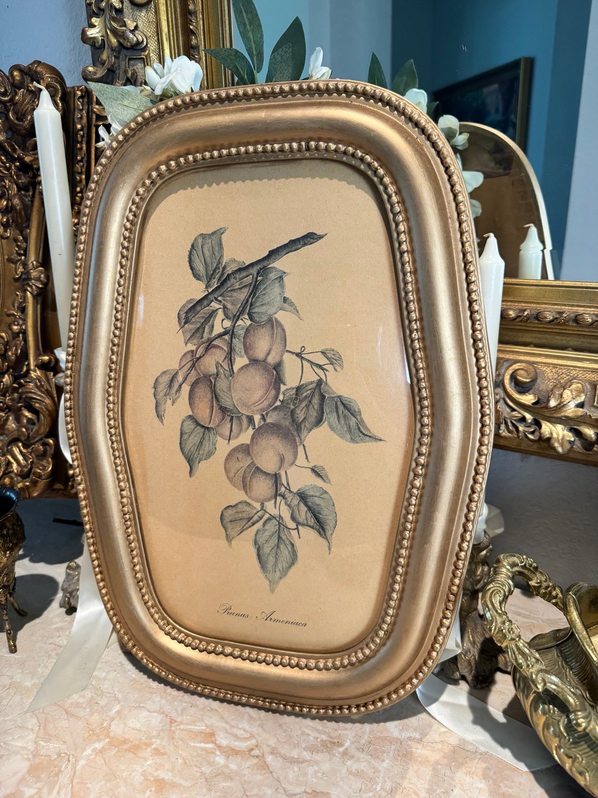 Vintage gold tone wood coffin shaped frame convex bubble glass