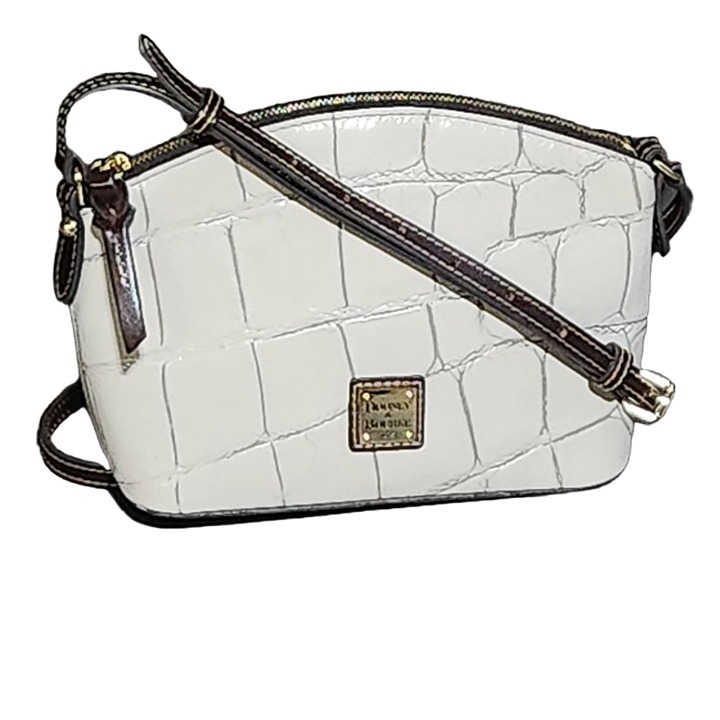 Dooney And Bourke Womens White Crocodile Embossed Adjustable Crossbody Bag