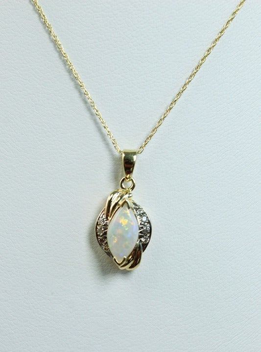 14K Yellow Gold Opal and Diamond Pendant Necklace.