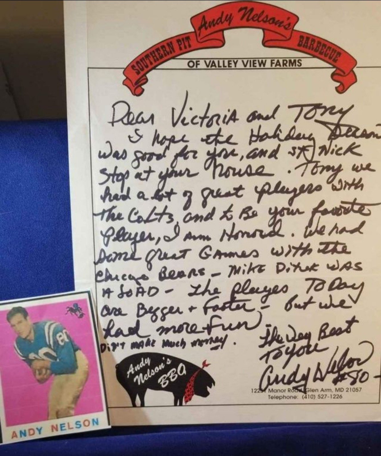 ANDY NELSON HAND WRITTEN 1 PAGE LETTER & print of card COLTS NFL CHAMPIONS