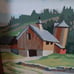 Framed painting of old barn and house.