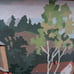 Framed painting of old barn and house.