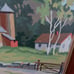 Framed painting of old barn and house.