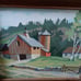 Framed painting of old barn and house.