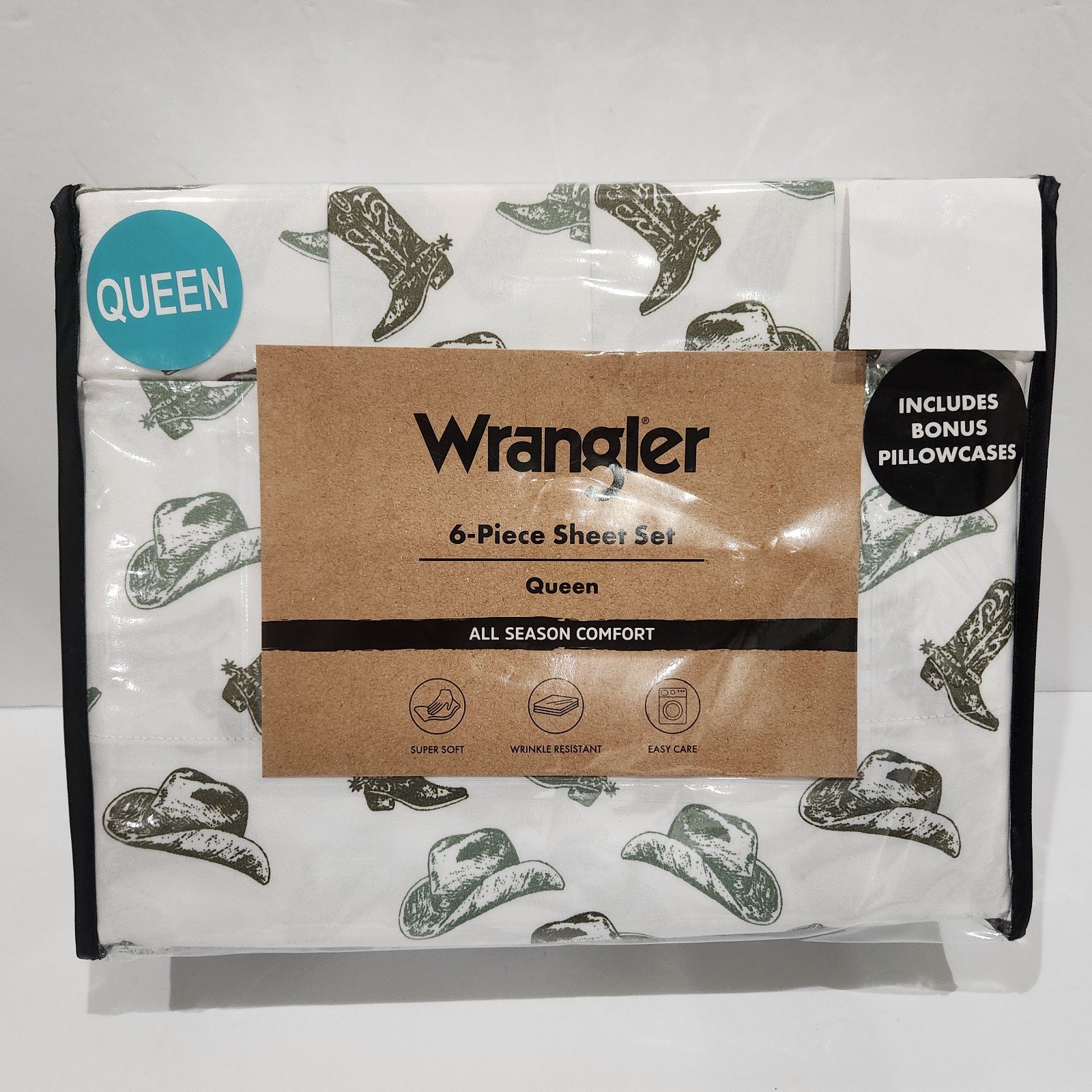 Wrangler 6 Pc Washed Sheet Set QUEEN Cowboy Hats Boots New Western Themed