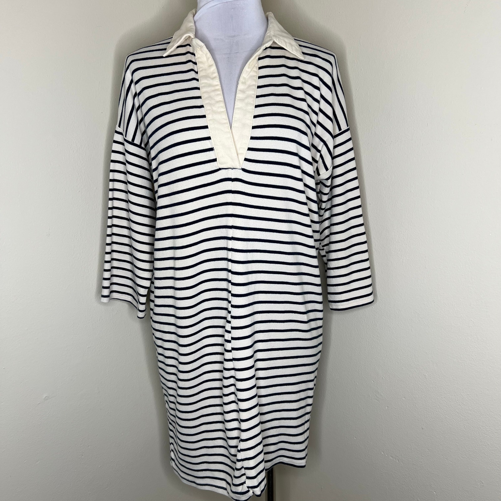 Tuckernuck Ashton Polo Dress LARGE Navy Stripe Knit Cotton Mini Shift Preppy