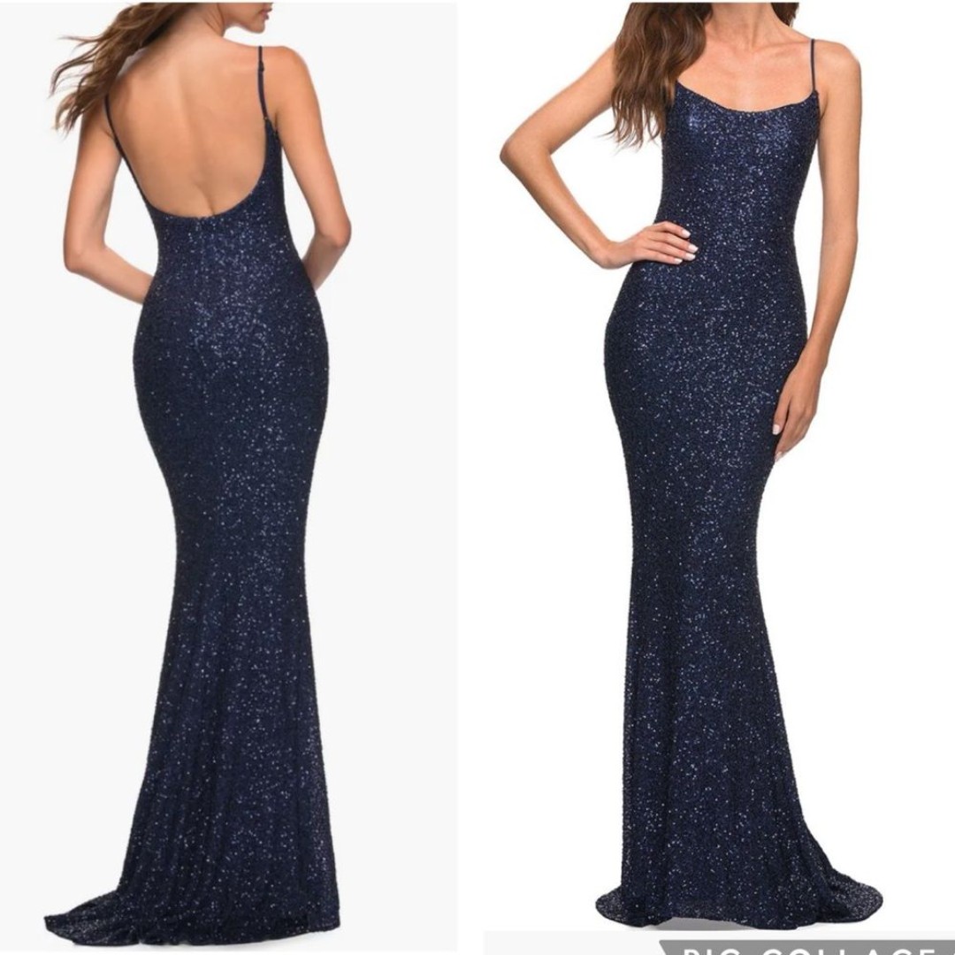 NEW La Femme Style 30707 Sequin Trumpet Gown Dress in Navy Blue Size 0