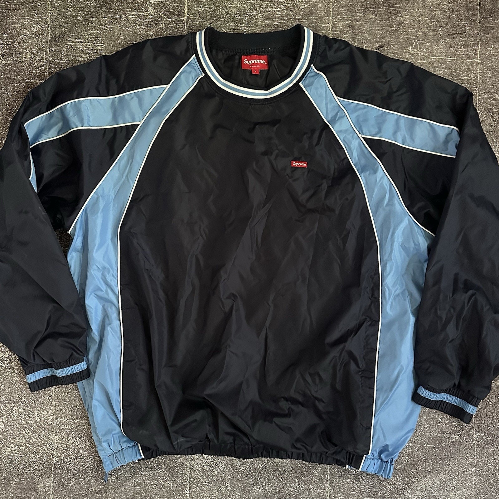 Men's Supreme Navy Blue Piping Warm Up Pullover Windbreaker Jacket Sz L (FW19)