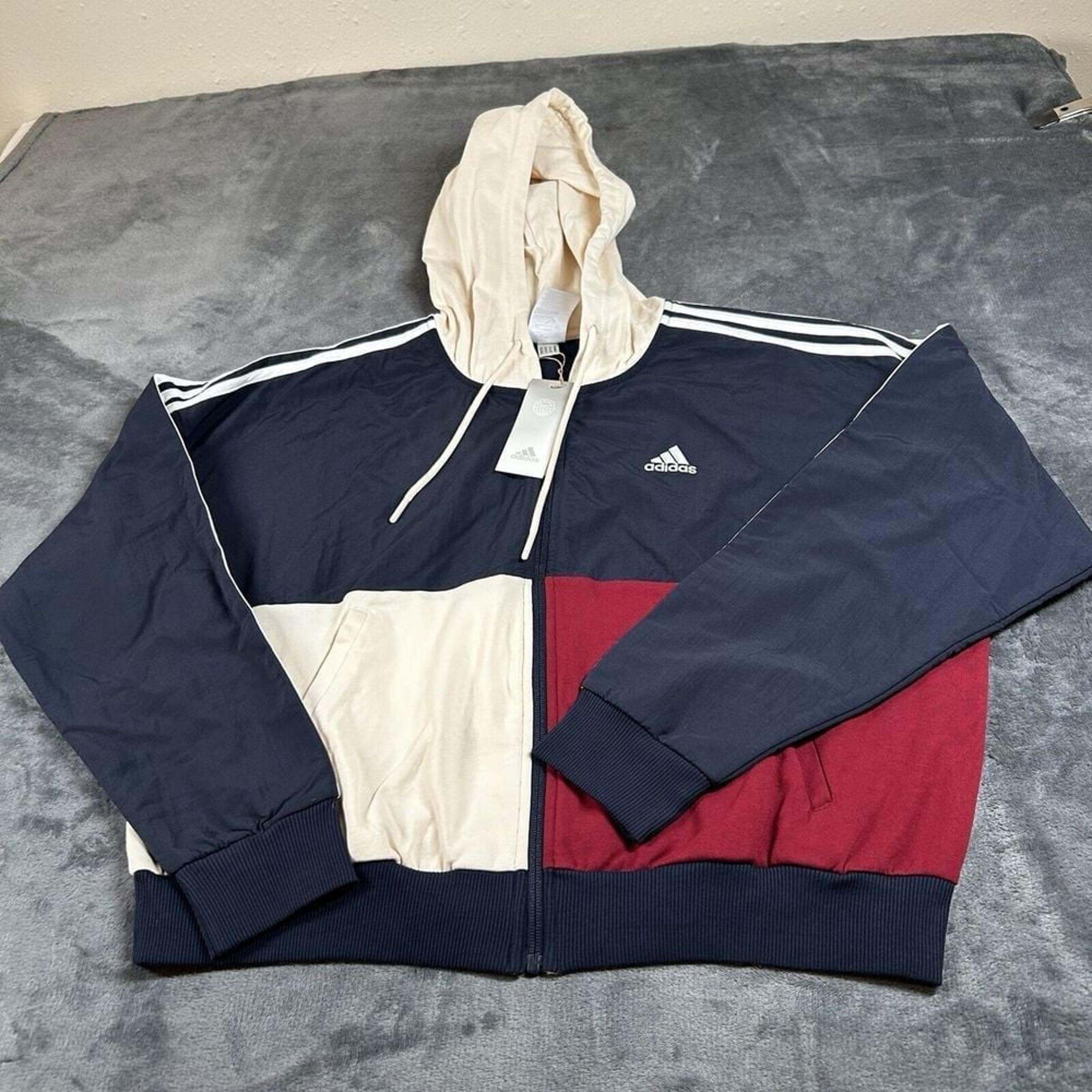 Adidas Essentials Track Sweater Women Small Navy Beige Full Zip Hooded New