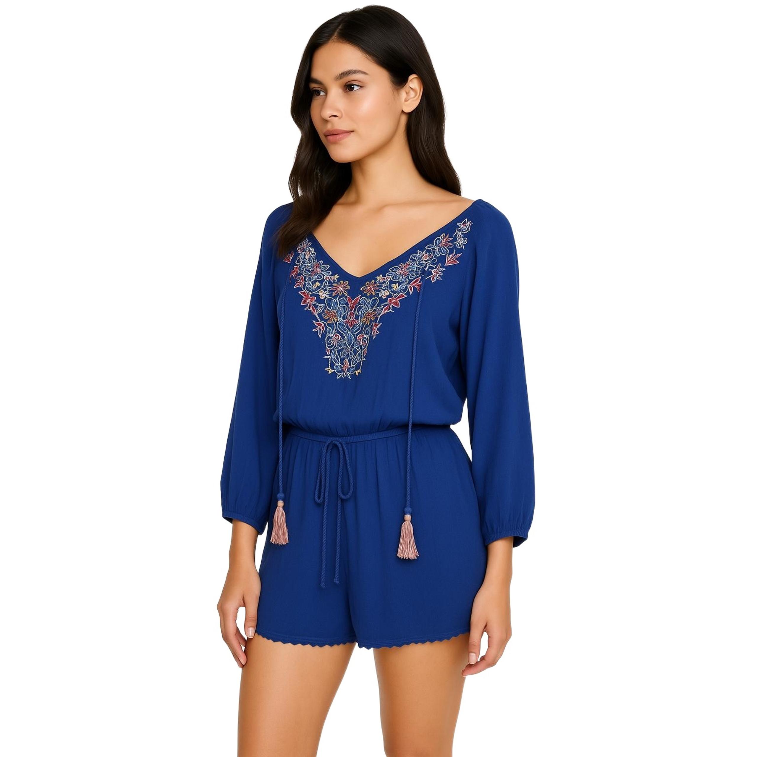 American Rag Blue Embroidered Boho Tassel Tie V-Neck Floral Romper Womens Medium