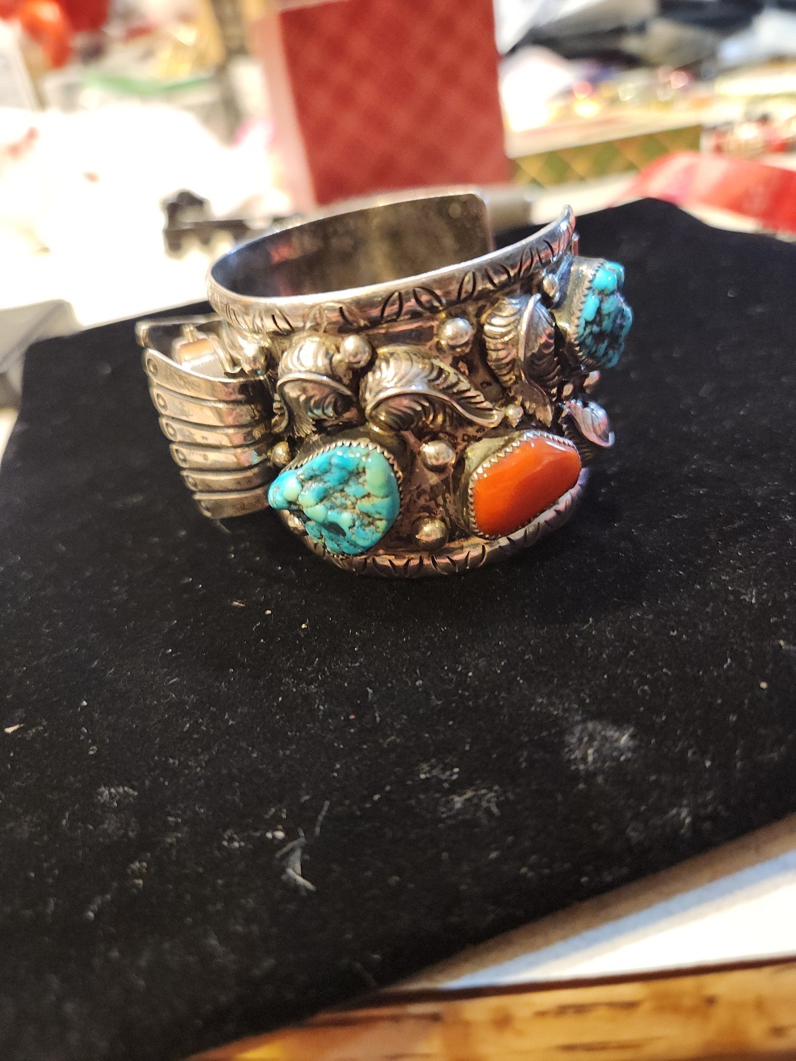 Men's / Womens Native American Sterling & Turquoise & Coral Watch Bracelet