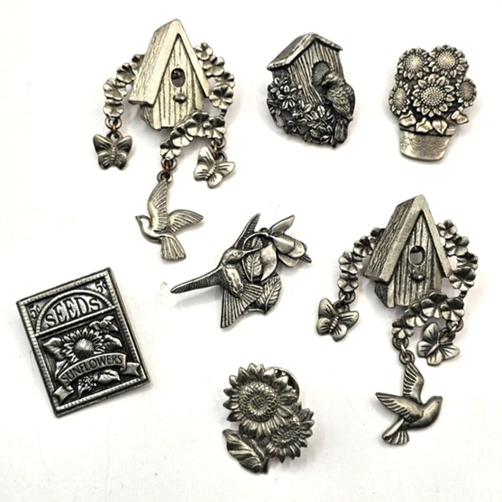 Signed Lot of 7 Birds & Bloom LCD Bird Lapel Pins Bird Houses Pewter Pinback VTG