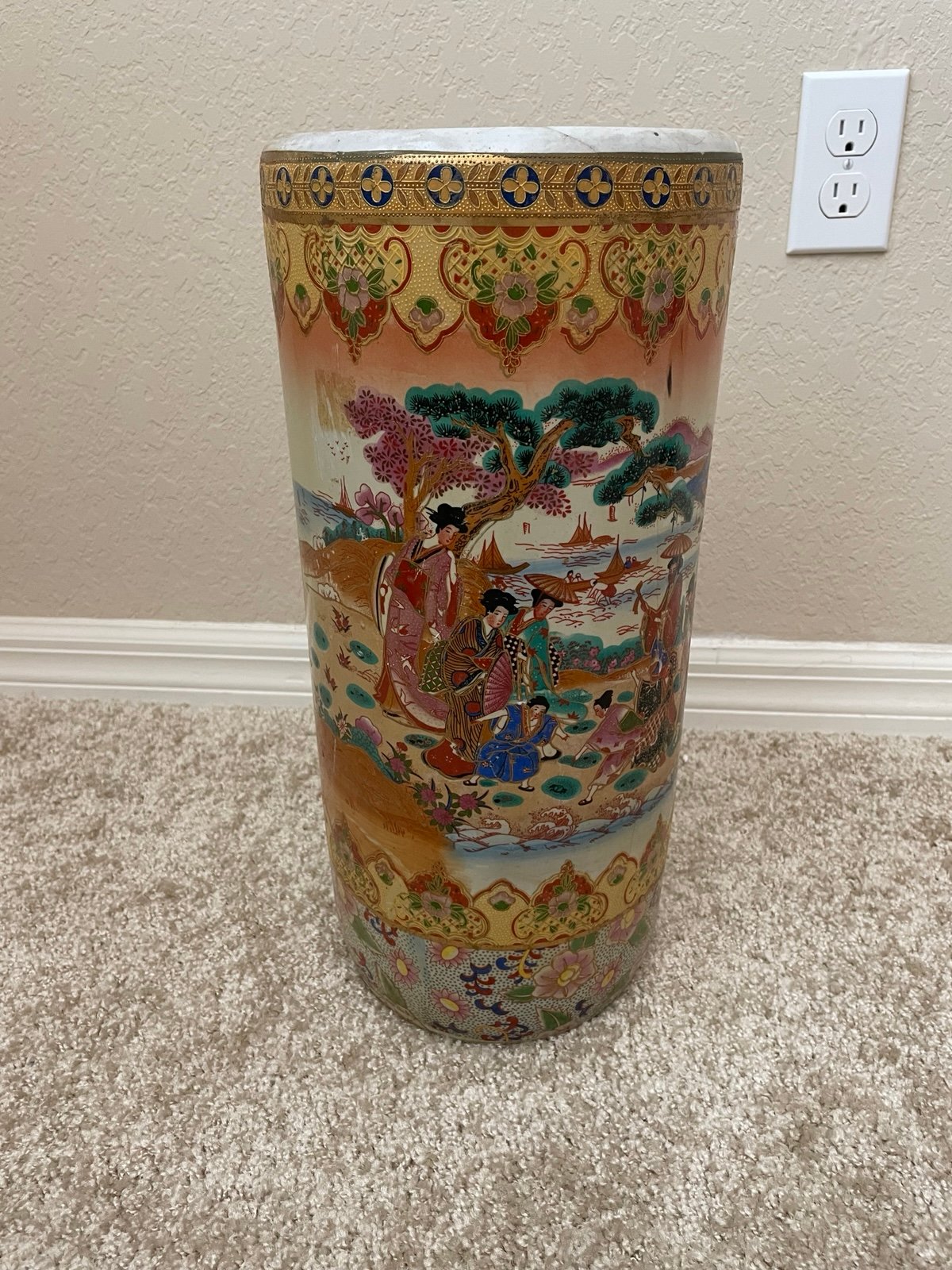 Vintage Porcelain Chinese UMBRELLA Stand 18” Multicolor Vibrant Boats Ocean Tree