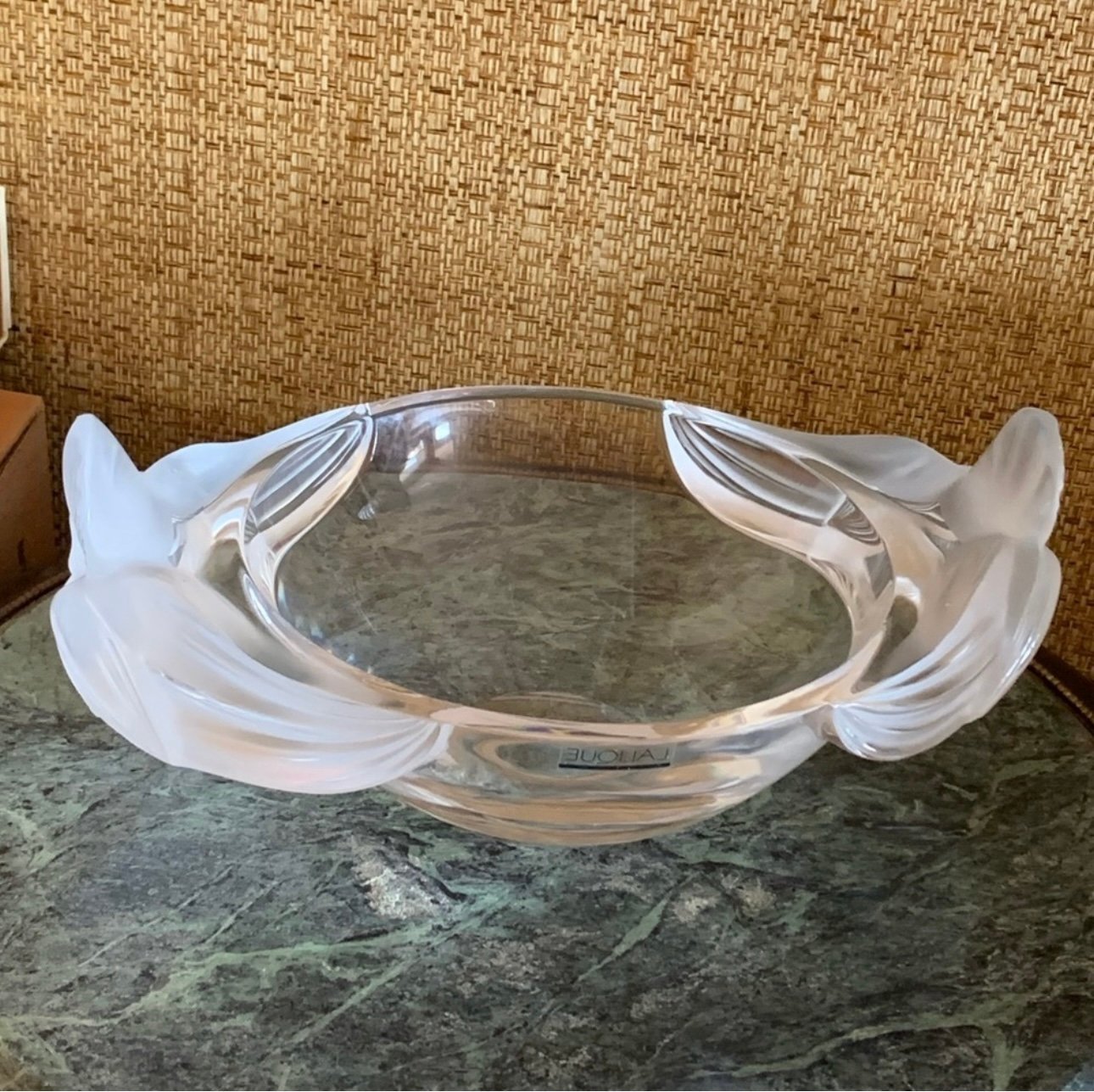 LALIQUE fruit bowl with double orchid L12.5”D8.5”H5 1/4”Signed Lalique France