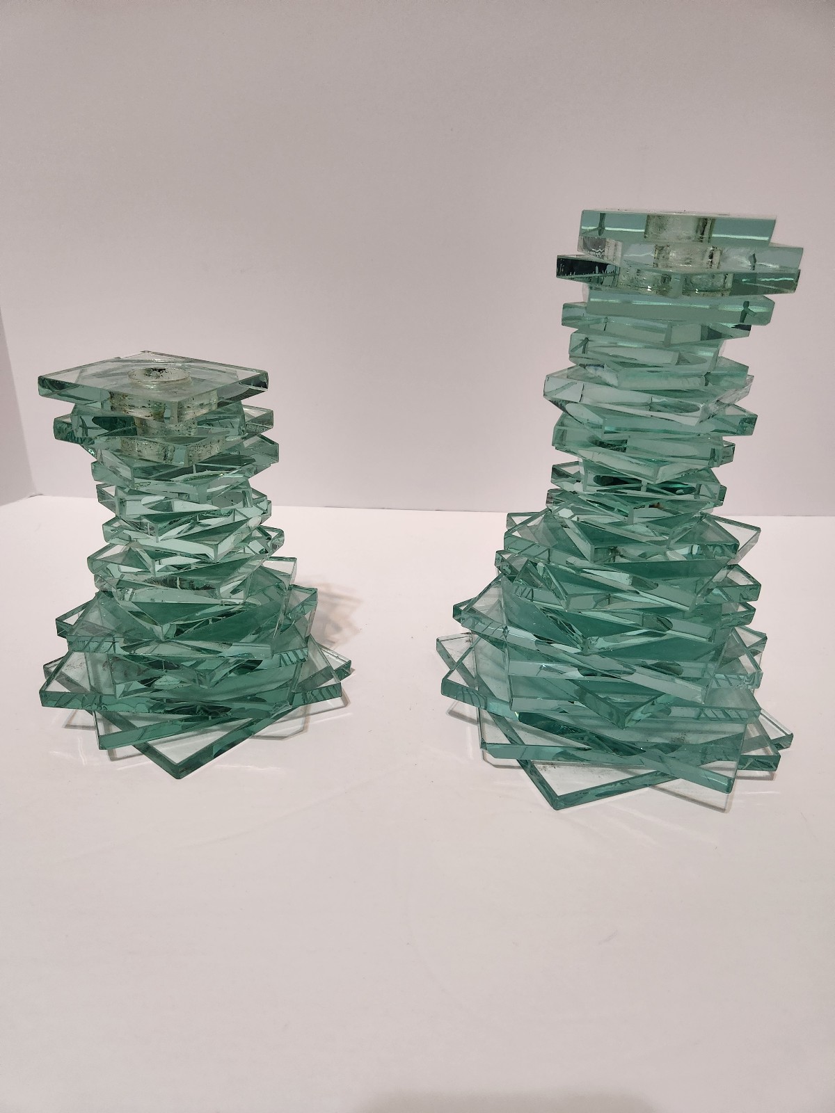 2 VINTAGE LUMEN ESSENCE GREEN ART GLASS CANDLE HOLDERS 9 Tall And 6 Tall