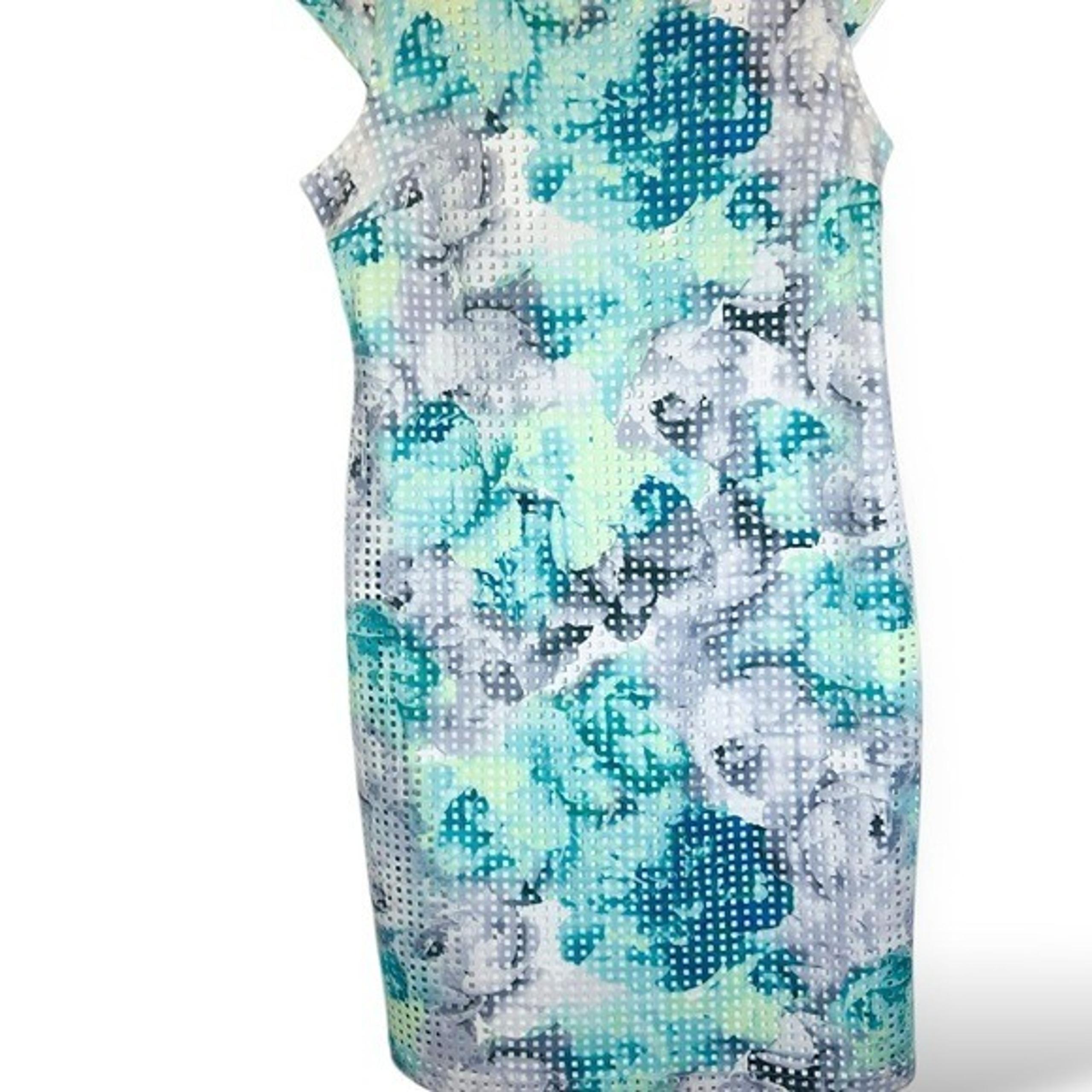 Covington Women’s Sheath Dress Size 14 Textured Floral Blue Green Career Wedding