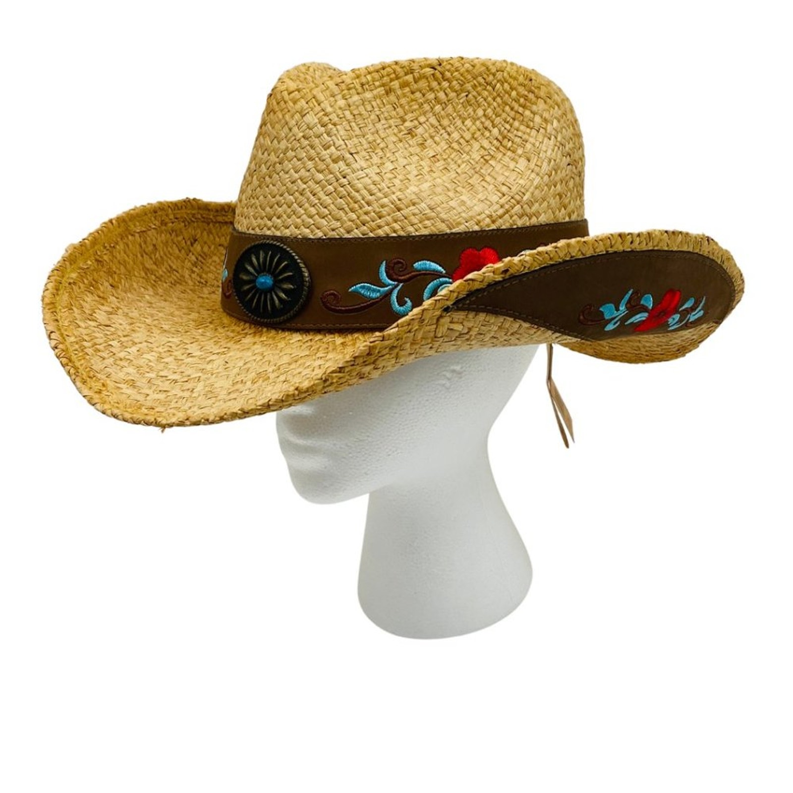 Tea-Stained Raffia Cowboy Hat with Leather Trim and Embroidery