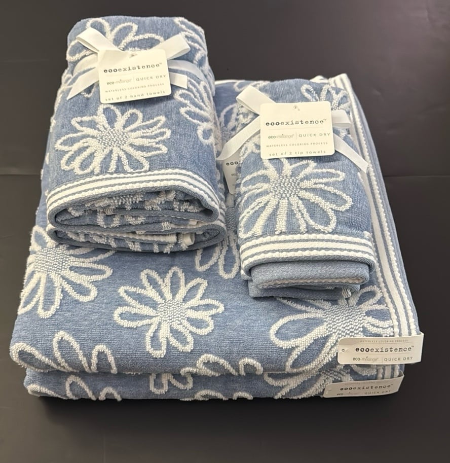 6pc ECOEXISTENCE Eco-Melange Reversible Quick Dry Bath Towel Set - Blue/White