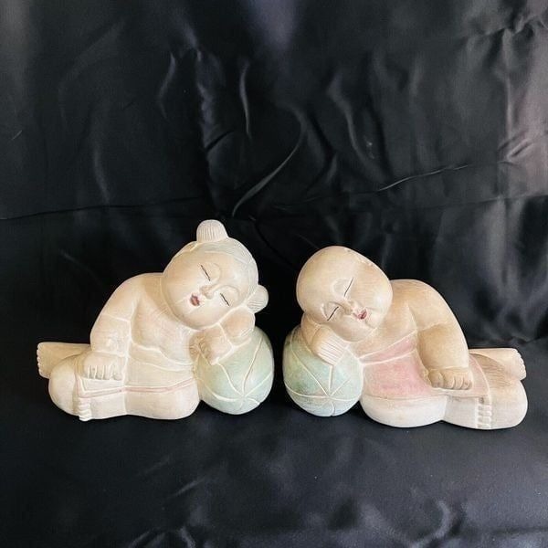Vintage Asian Hand Carved GIRL BOY Sleeping Children on Watermelon Good Luck Boh