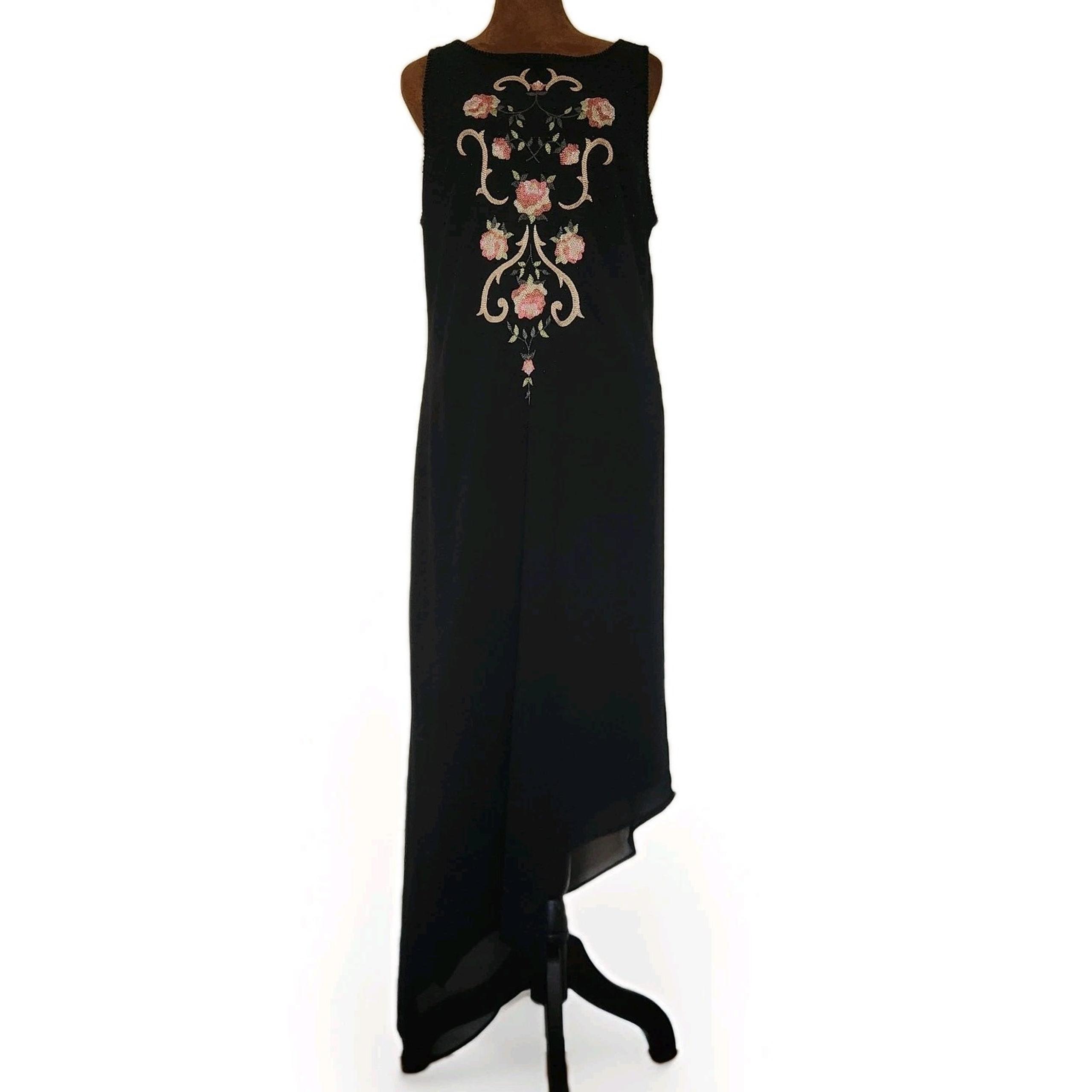 Vintage 90s Dark Romantic Beaded Dress 16 Black Asymmetrical Floral Y2K Formal