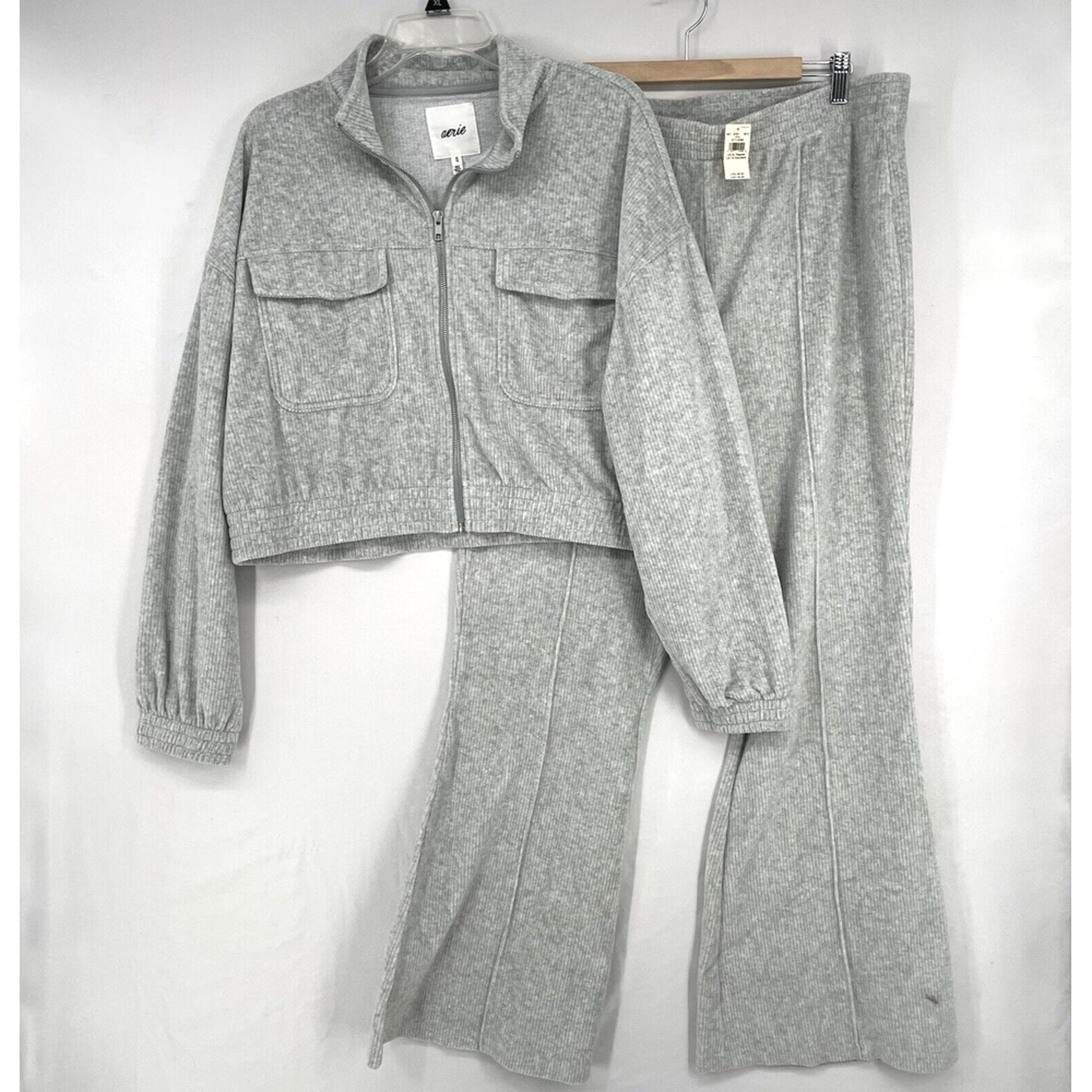 Aerie Groove-On Cropped Ribbed Sweatshirt Jacket Bell-bottom Pants Set Size XL