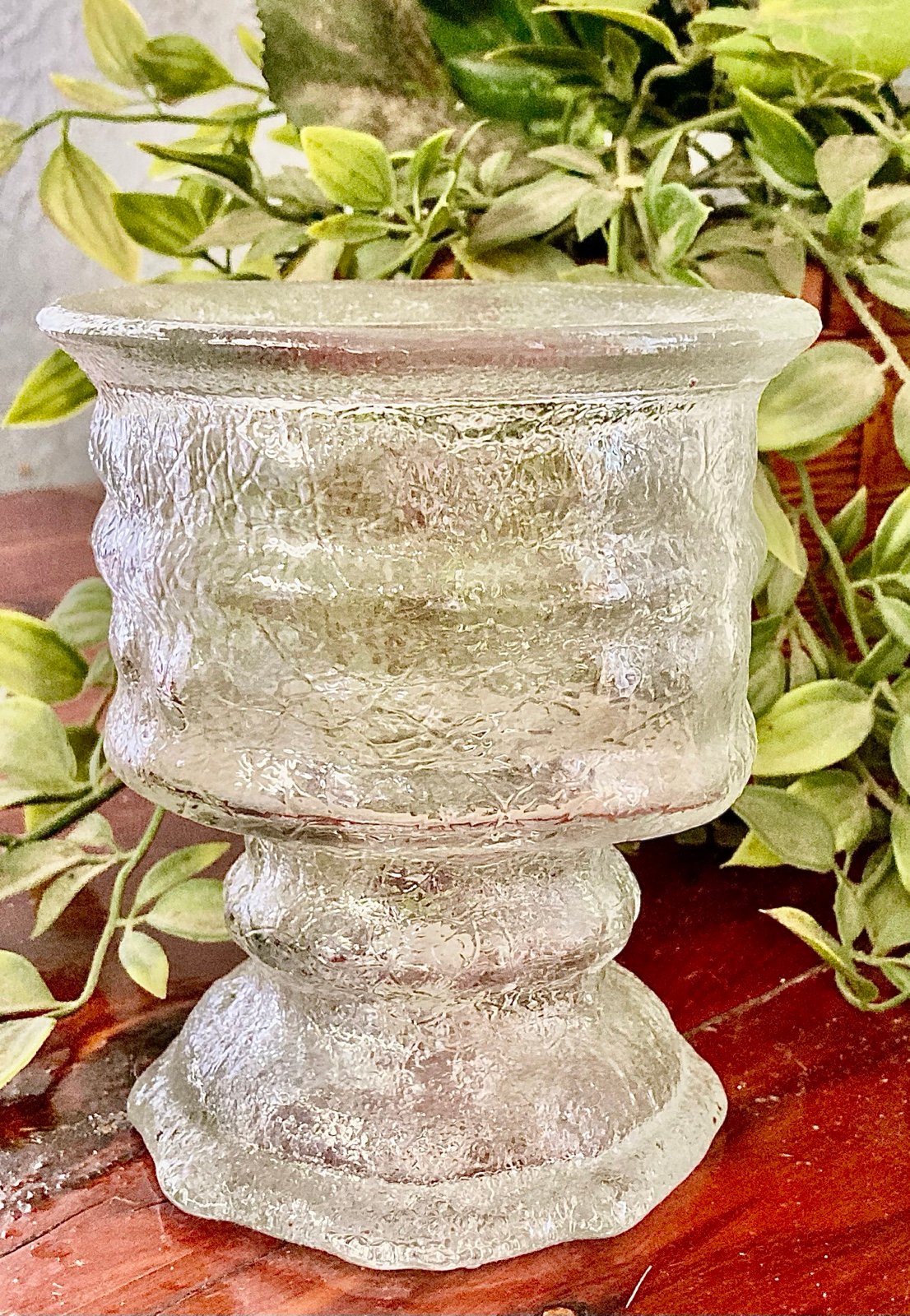 2 Vintage LE Smith Ice Reversible Art Glass Votive & Taper Candle Holder