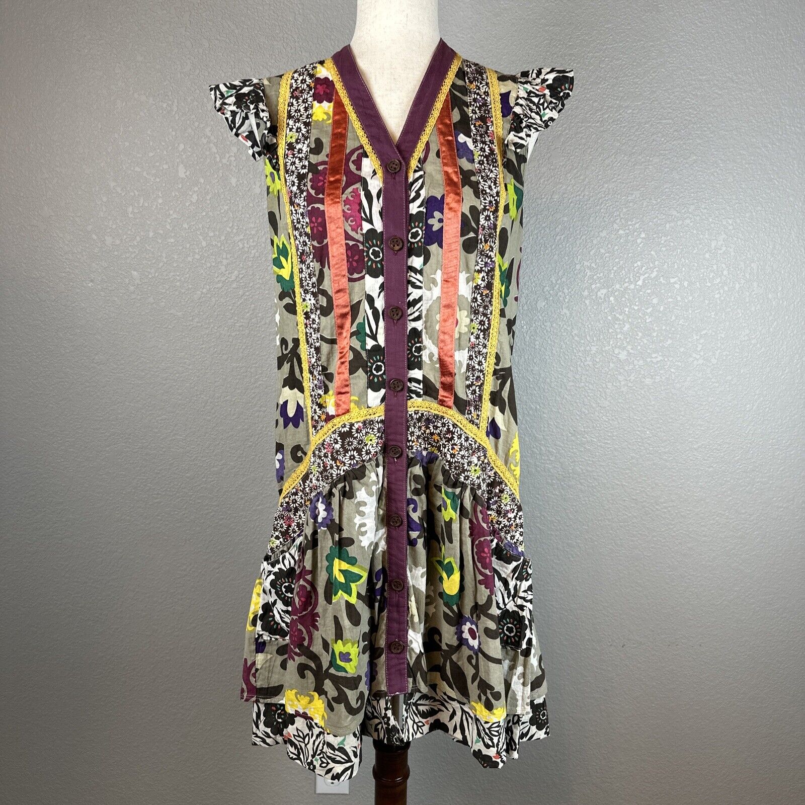 Double D Ranch Womens Drop Waist Tunic Dress Size S Floral Patchwork Ribbon Trim