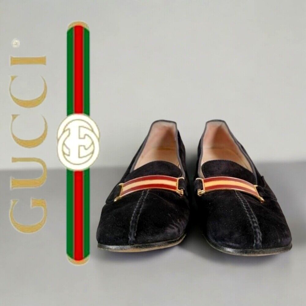 Vintage Gucci Black Suede Heeled Loafers with Gold& Red accents w/COA IT36 US6