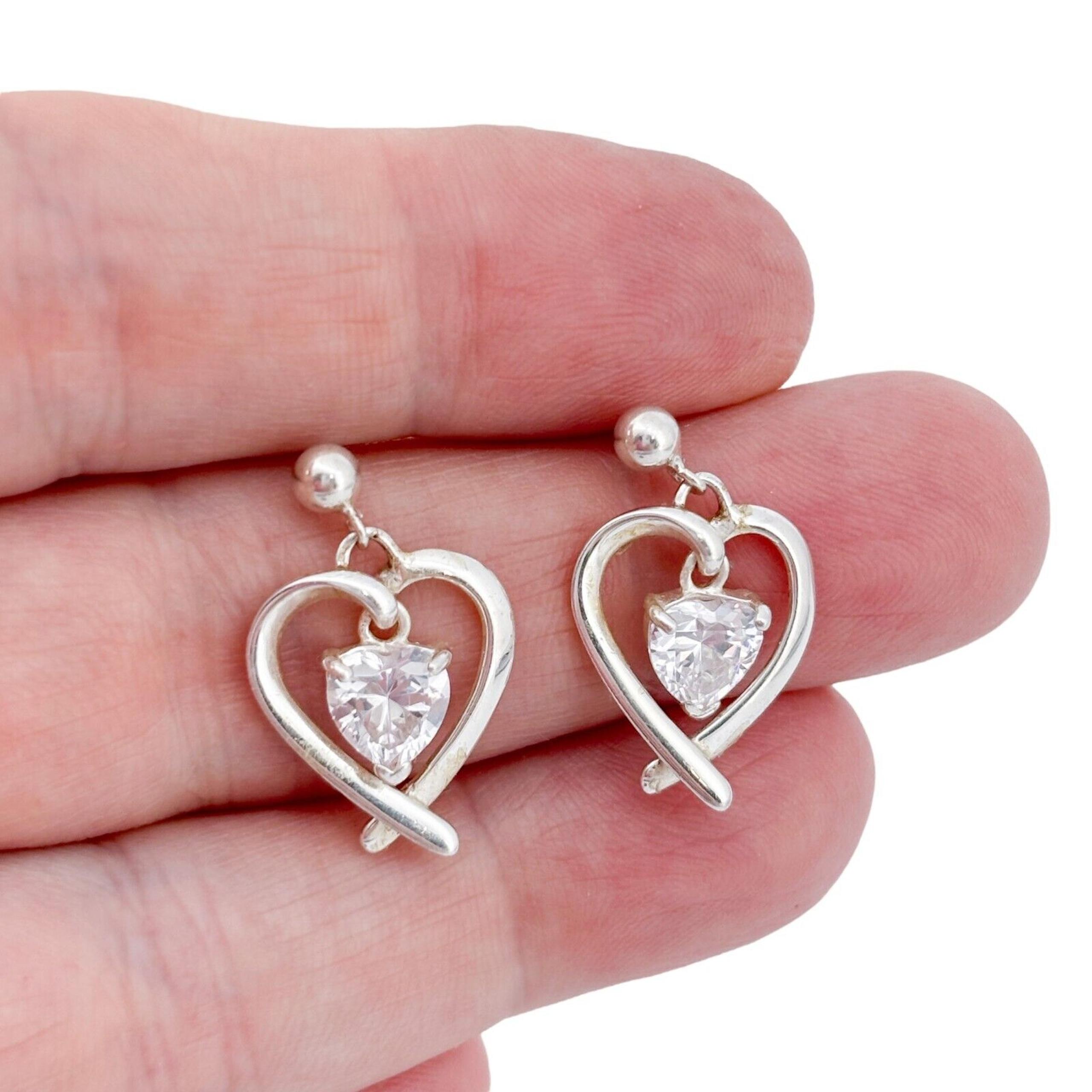 Vintage Sterling Silver 925 Heart Cubic Zirconia Dangle Earrings