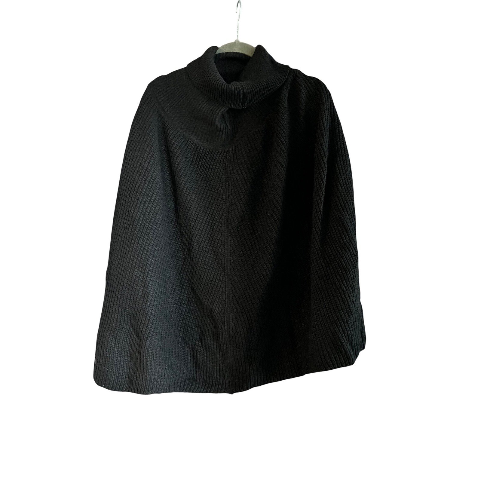 Commense Knit Poncho Turtleneck Short Sleeves Cape Sweater Black M