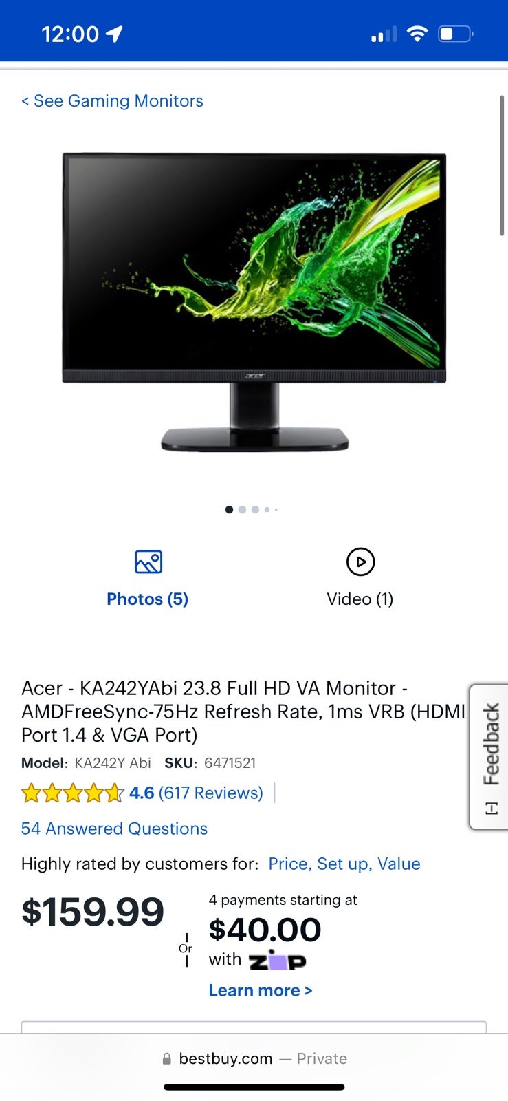 Acer 24 inch Monitor 75hz BRAND NEW IN BOX