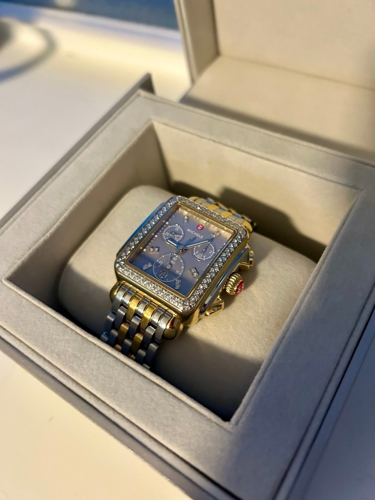 MICHELE Deco Two Tone Diamond Watch With Gray Mother Of Pearl Dial