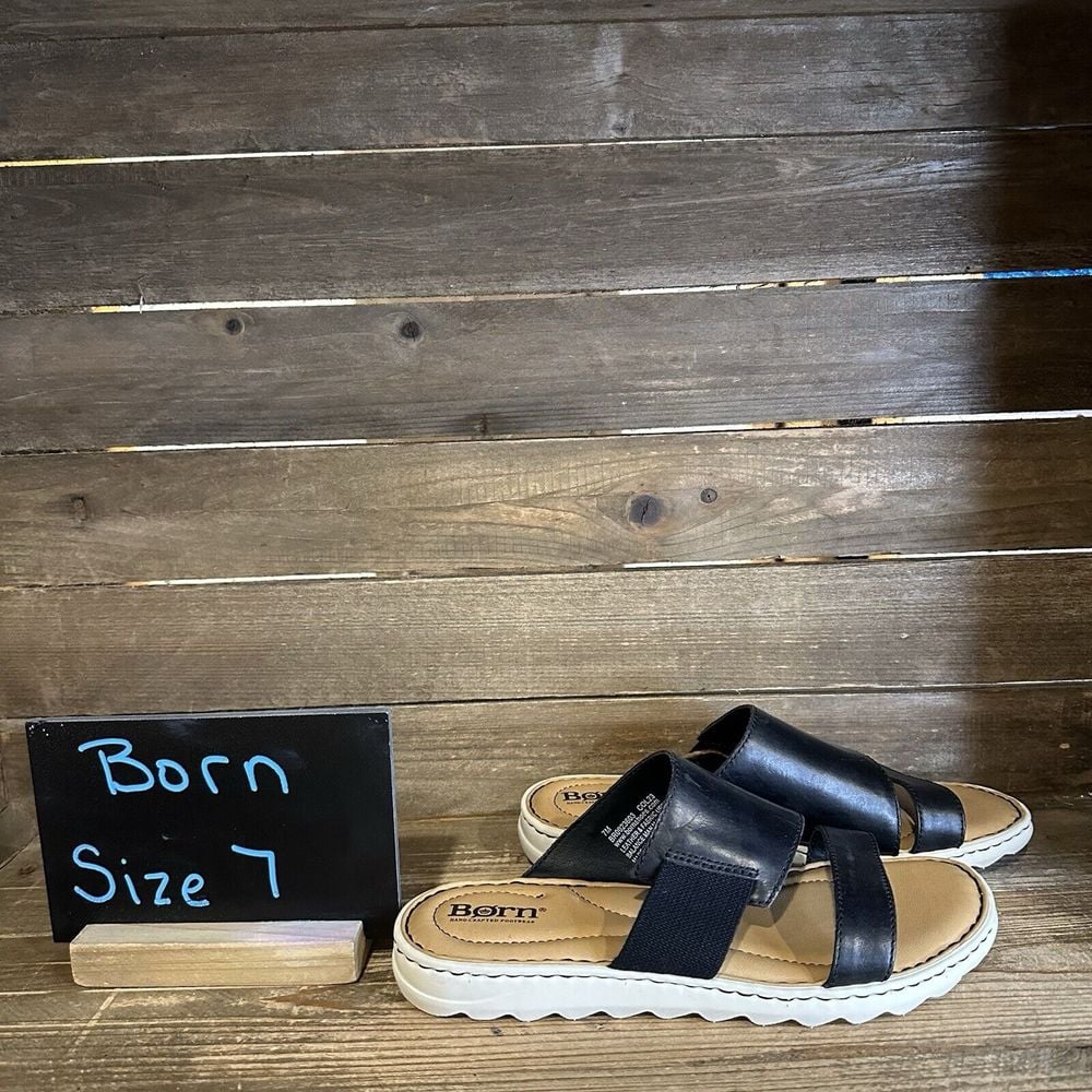 New Womens Born Black Leather Slide Strappy Casual Sandals Size 7 M
