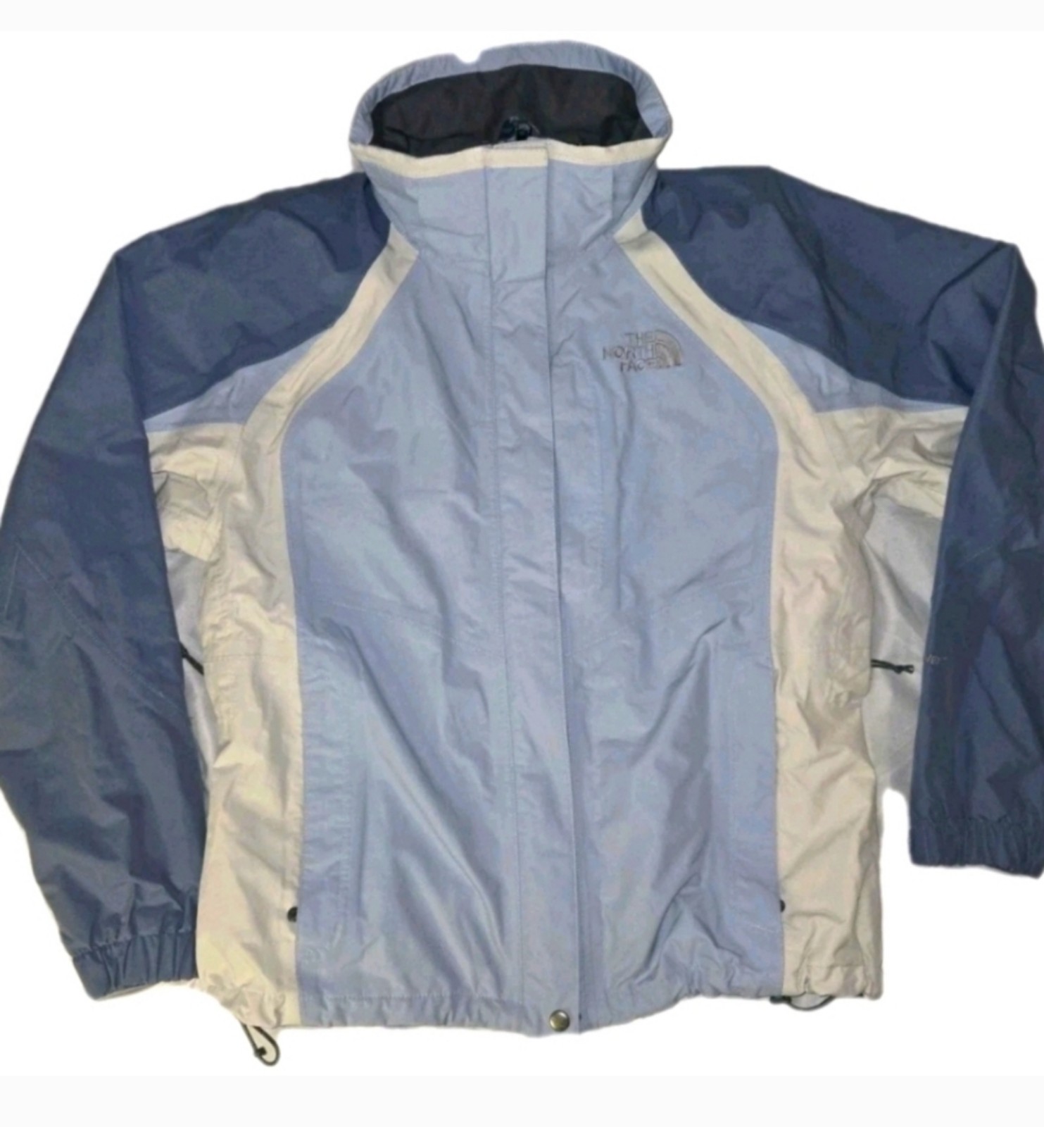 The North face powder blue, navy blue and white. Jacket size M women