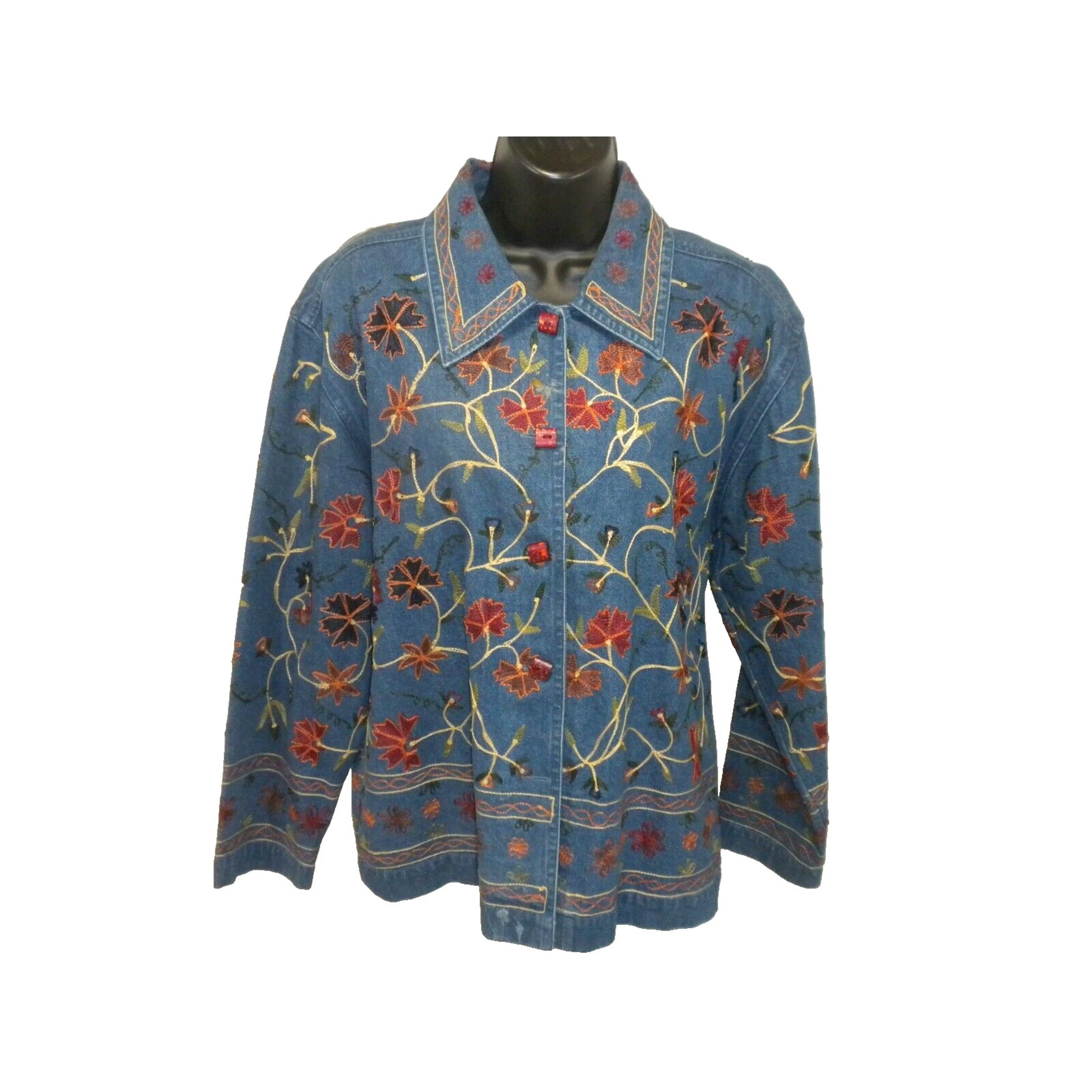 Units Jacket Womens S Blue Denim Autumn Floral Embroidered Country Grandmacore