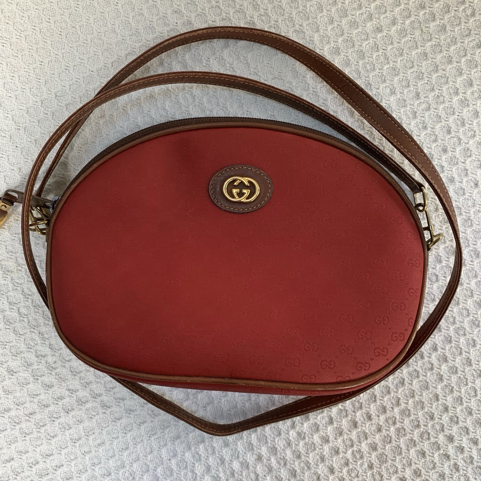 Gucci Old GG Crossbody Bag, Red with Brown Leather Trim, Gold Hardware, 9 x6.5