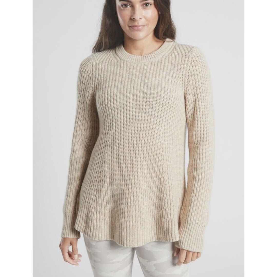 Athleta Womens Sierra Crew Sweater Pullover Ivory Beige Wool Blend Long Sleeve M