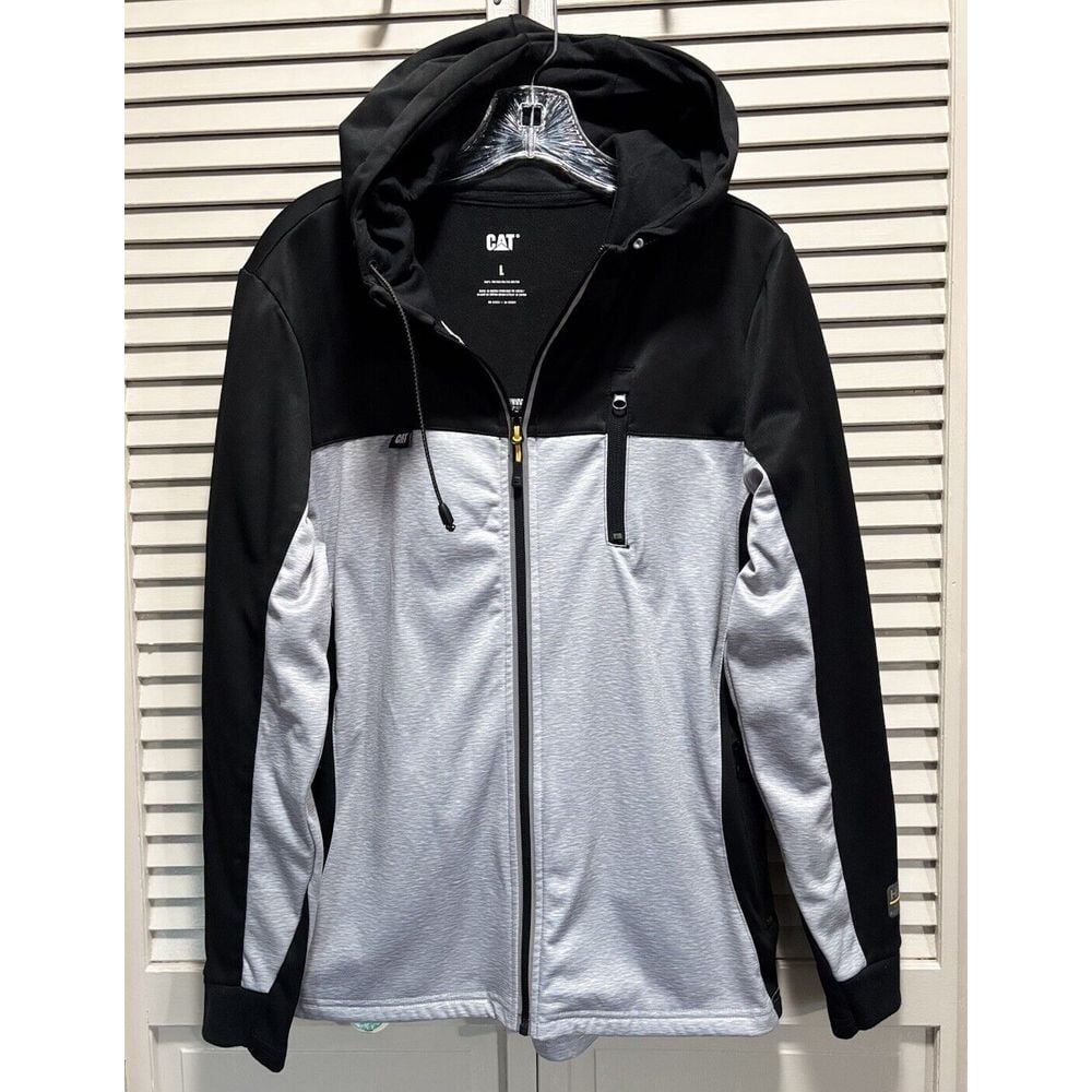 CAT Caterpillar Black/Gray Zip Up Jacket Size Large Zip Pockets Logo Lined