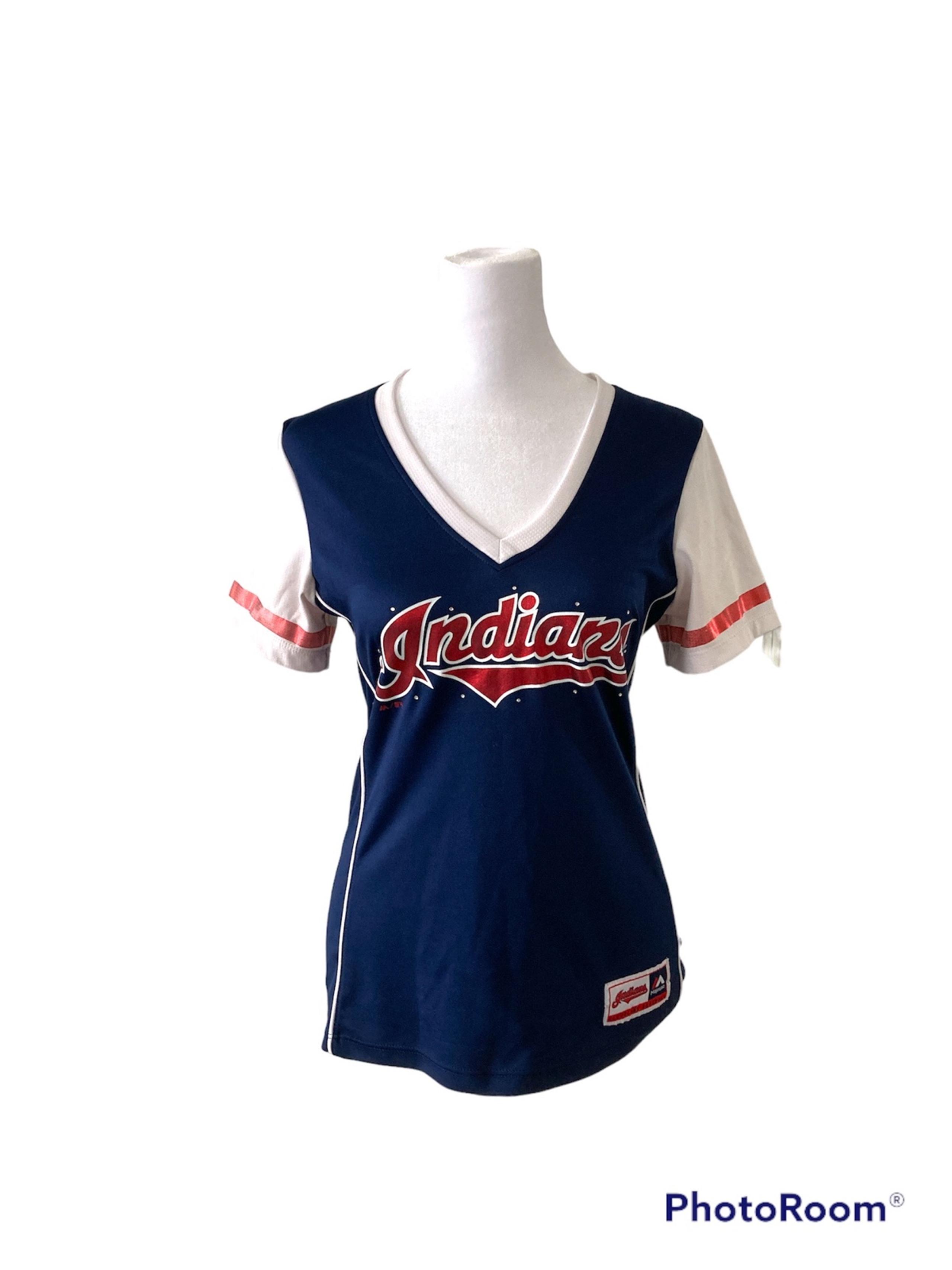 Cleveland Indians shirt small v-neck short sleeves blue red white rhinestones