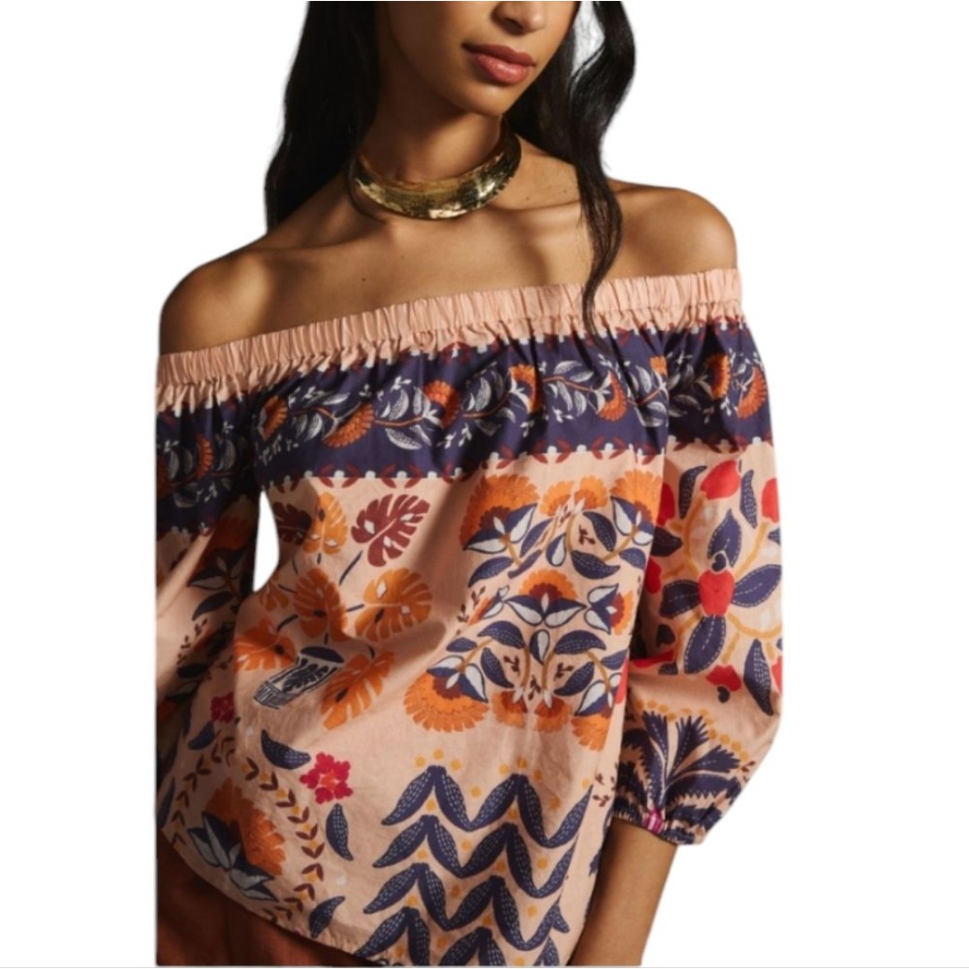 Farm Rio x Anthropologie Kelsie poplin top blouse of shoulder peach size XS