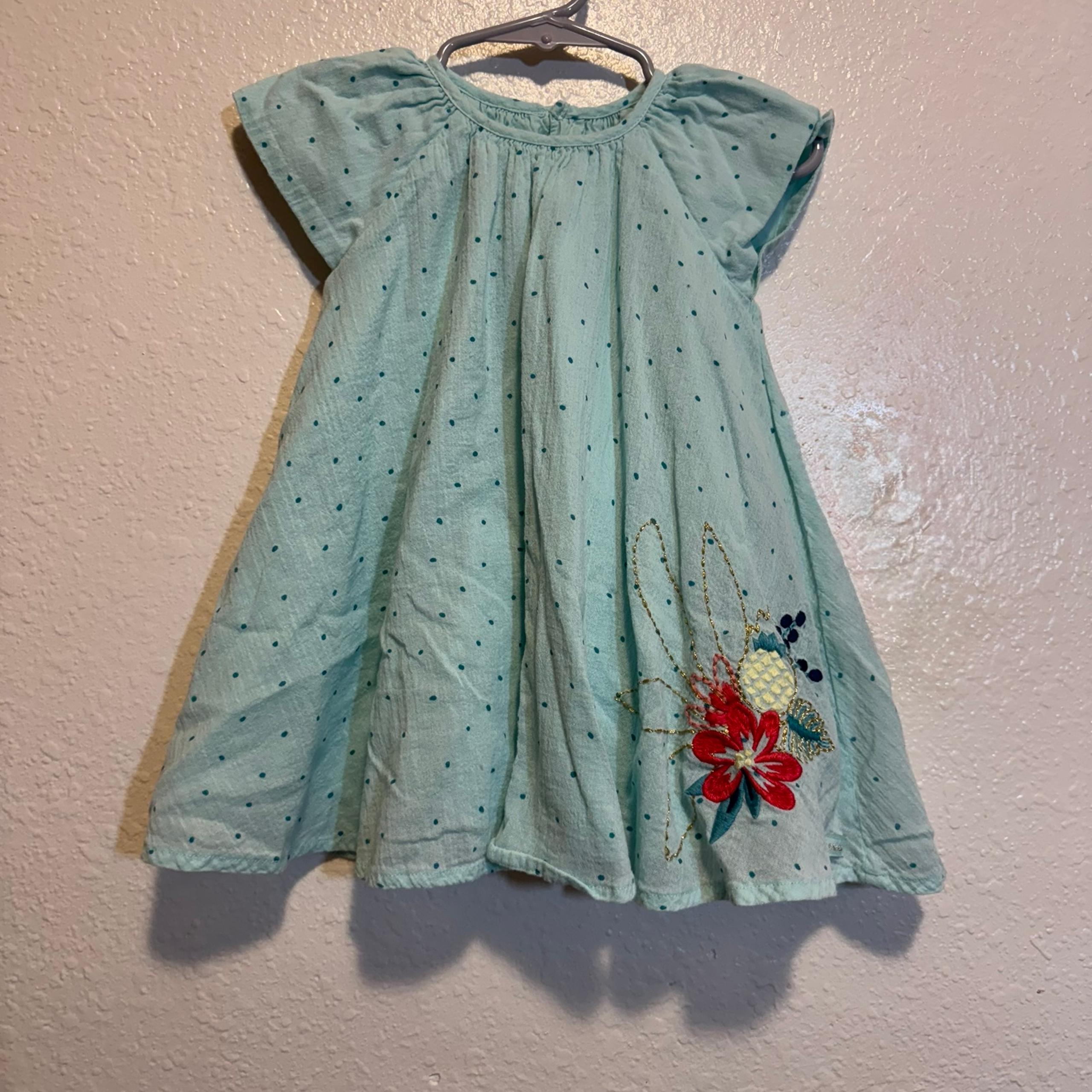 Catimini Robin Egg Blue with Dots and Embroidered Flowers Summer Dress 18 Months