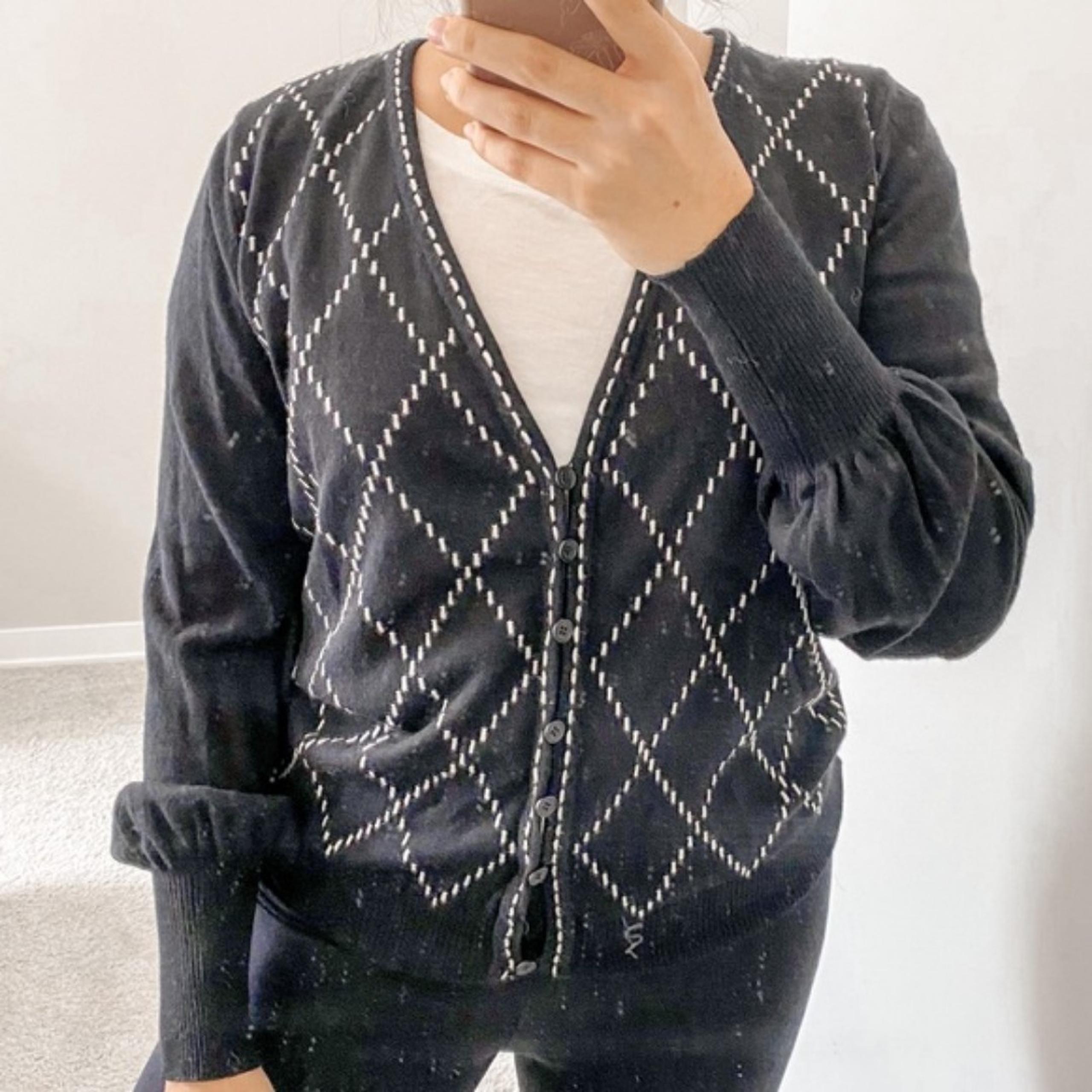 Escada Wool Cardigan Sweater Black and White Argyle Button Front V-Neck 38