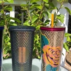 Starbucks FALL 2020 Venti set (2) Dark Unicorn Bling Gold Foil Rose Floral