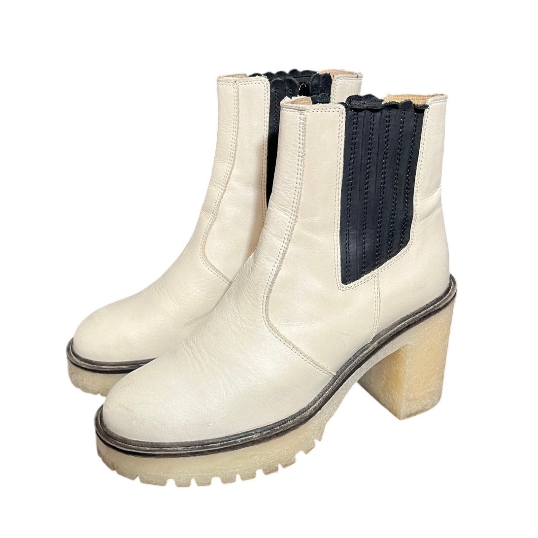 Free People Womens James Chelsea Chunky Heel Boots Leather White Size 7 / 37.5