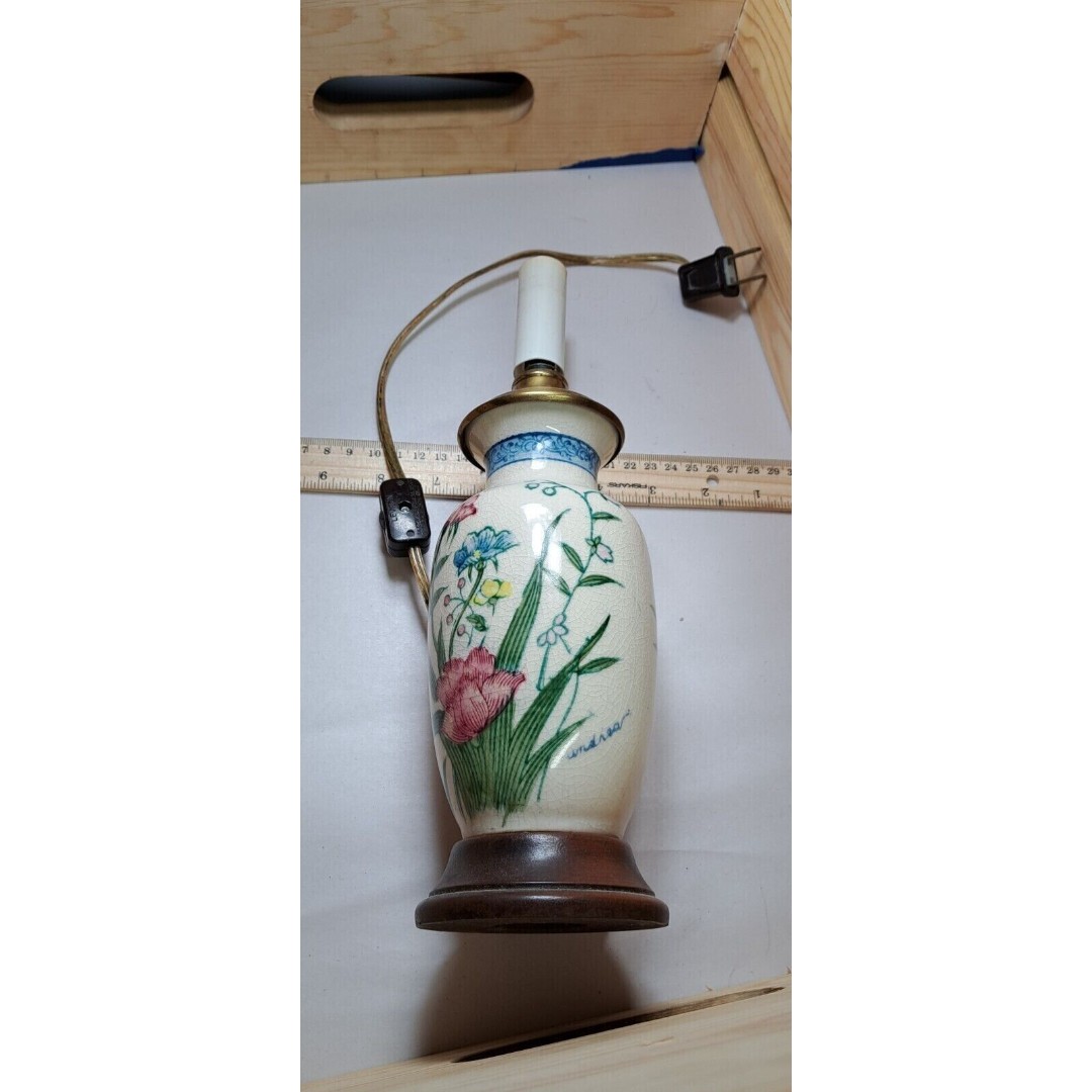 Vintage Chinese Floral wood base signed Table Lamp Andrea