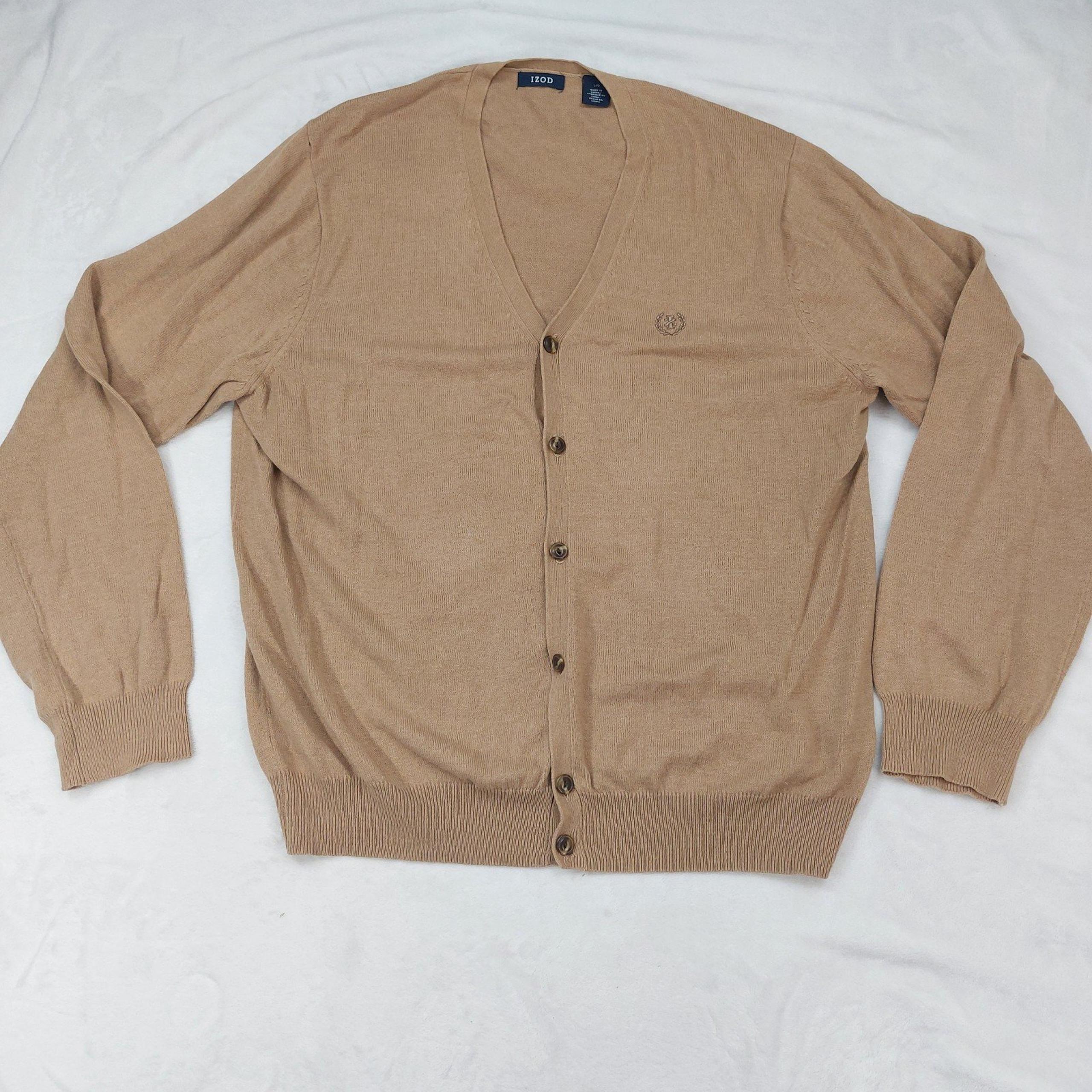 IZOD MENS TAN BROWN V-NECK BUTTON FRONT LONG SLEEVE COTTON BLEND CARDIGAN SIZE L