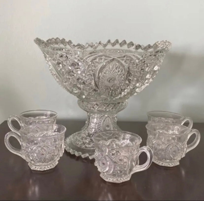 EAPG Northwood Glass Punchbowl and cups