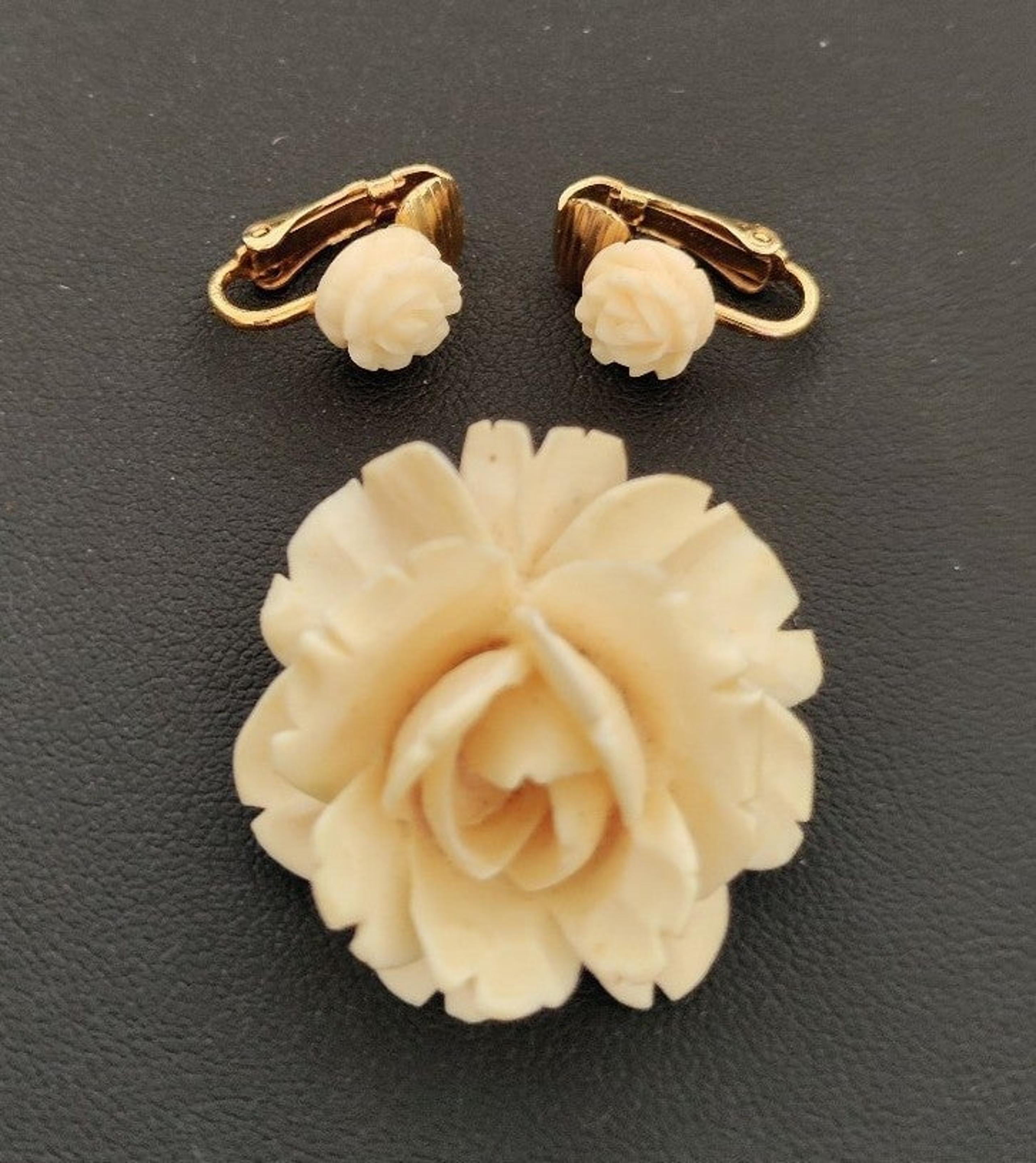 Hand Carved Brooch and Earrings