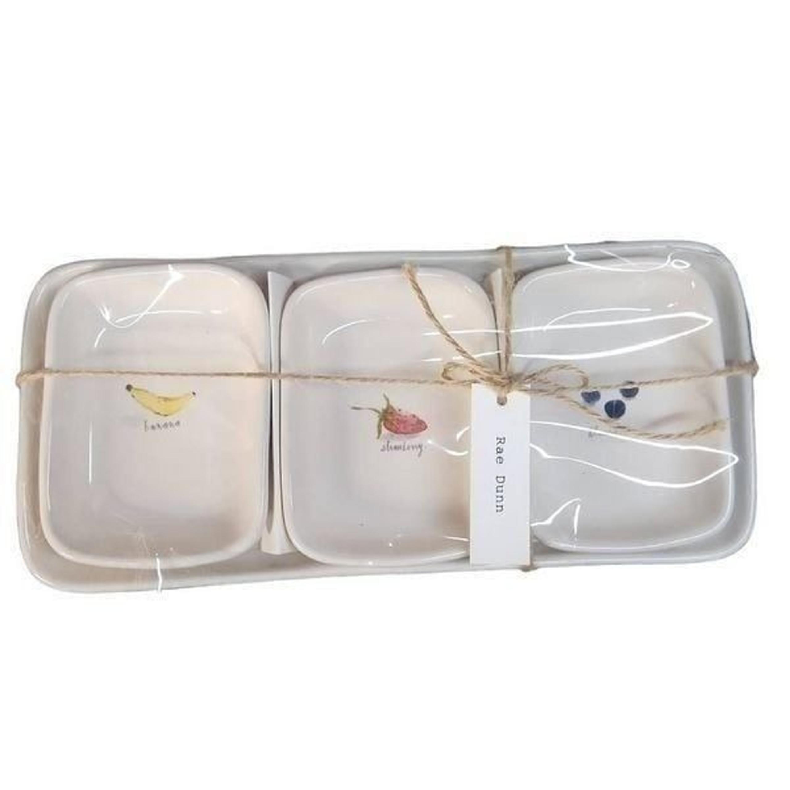 Rae Dunn White Black Banana Strawberry Blueberries Set of 3 Platter and Dish Set